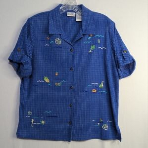 Koret Francisca blue checkered beach print button up shirt size‎ small